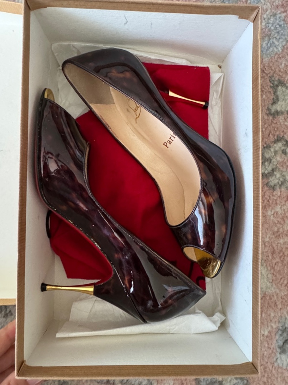 Christian Louboutin Yoyospina 100 Tartaruga Peep-Toe Stiletto Heels patent